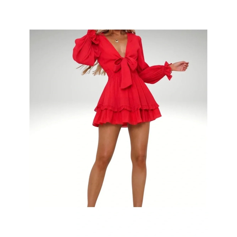 Hello Molly Red Ruffle Long Sleeve Mini Dress – Deep V Tie Front- Size 4